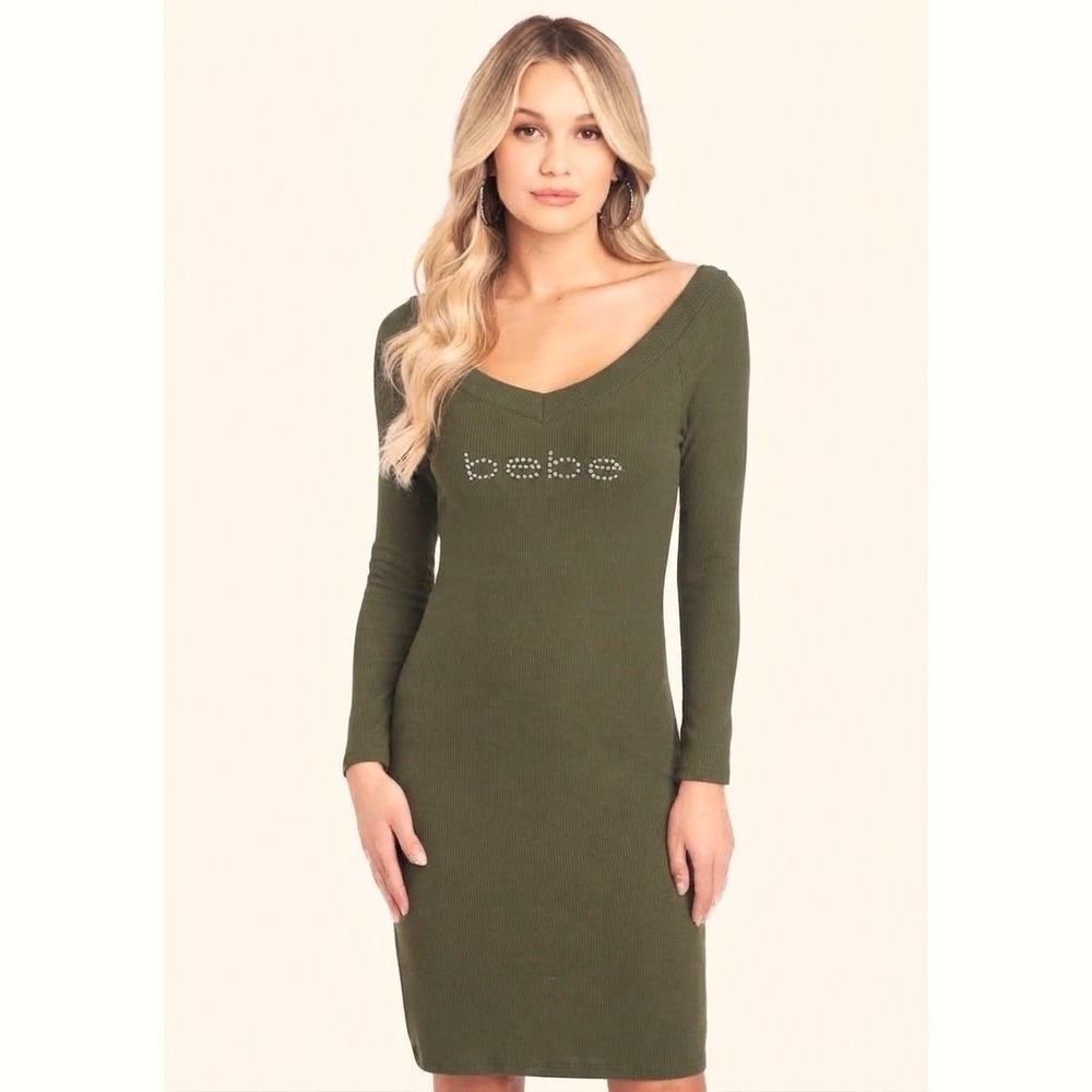 Bebe Olive Green Ribbed Rhinestone V-Neck Fitted Long Sleeve Dress Size Large